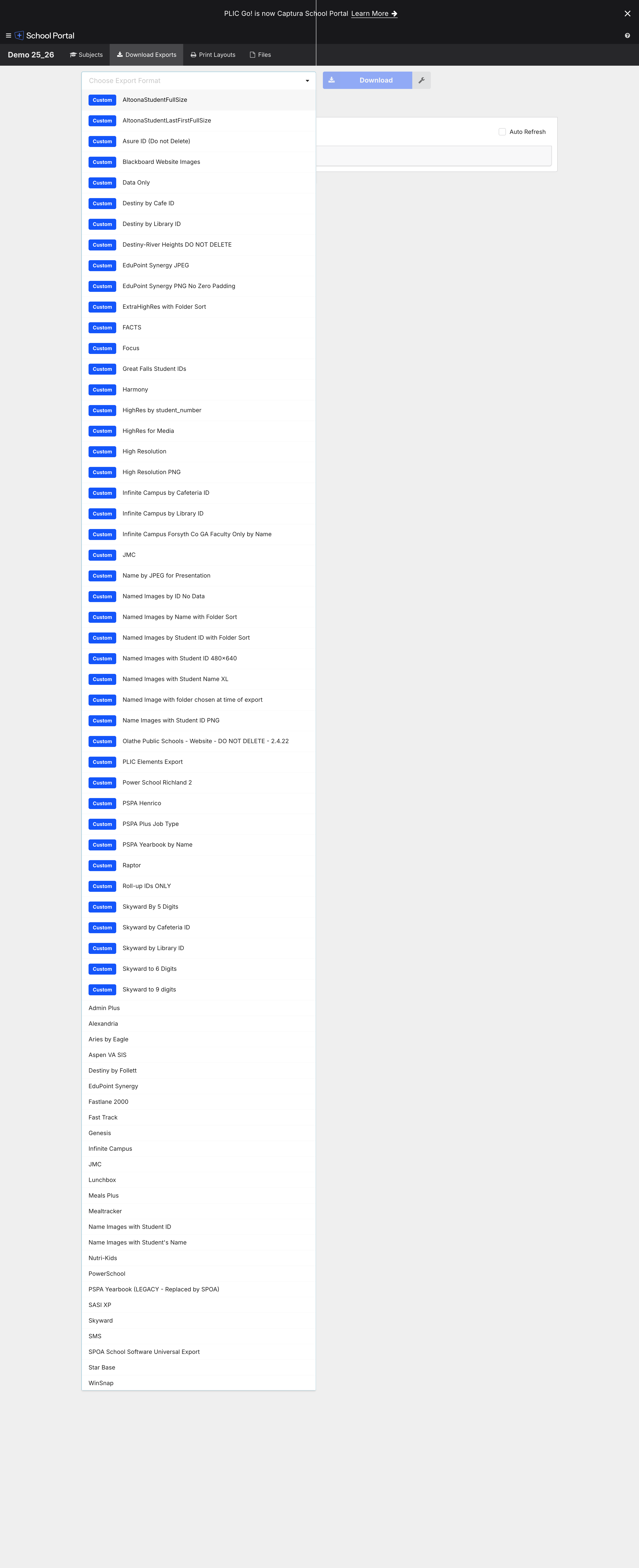 List of 45 custom export formats, many keyed to specific schools or vendors.