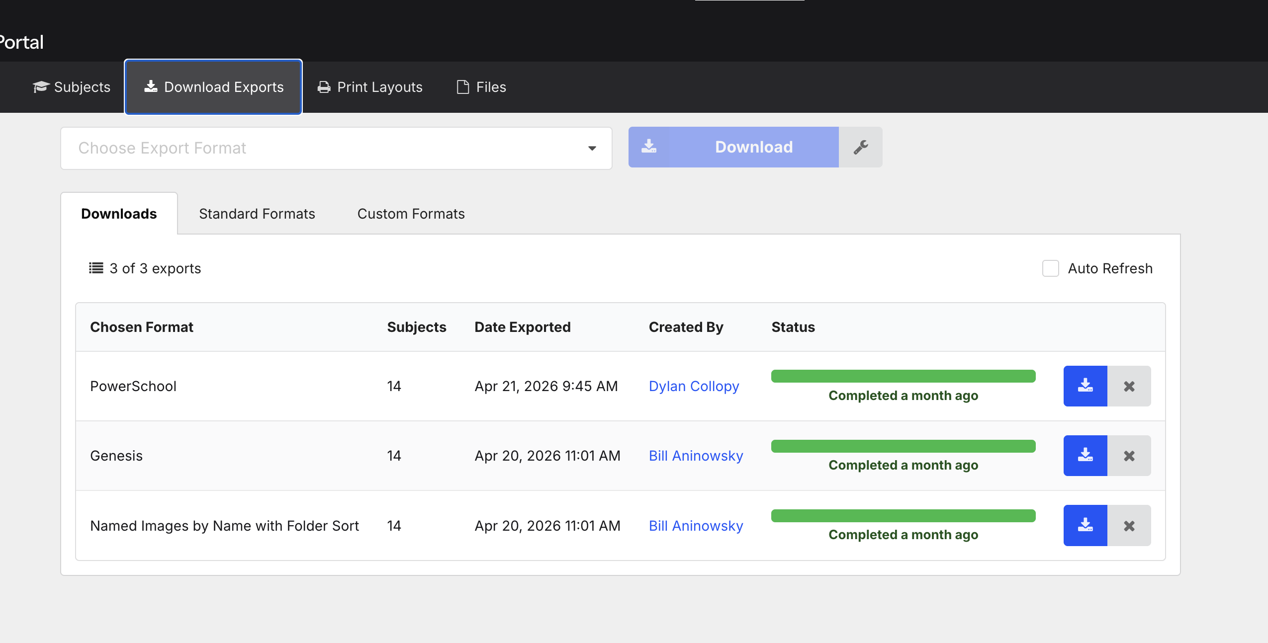 Downloads sub-tab close-up showing three completed exports.