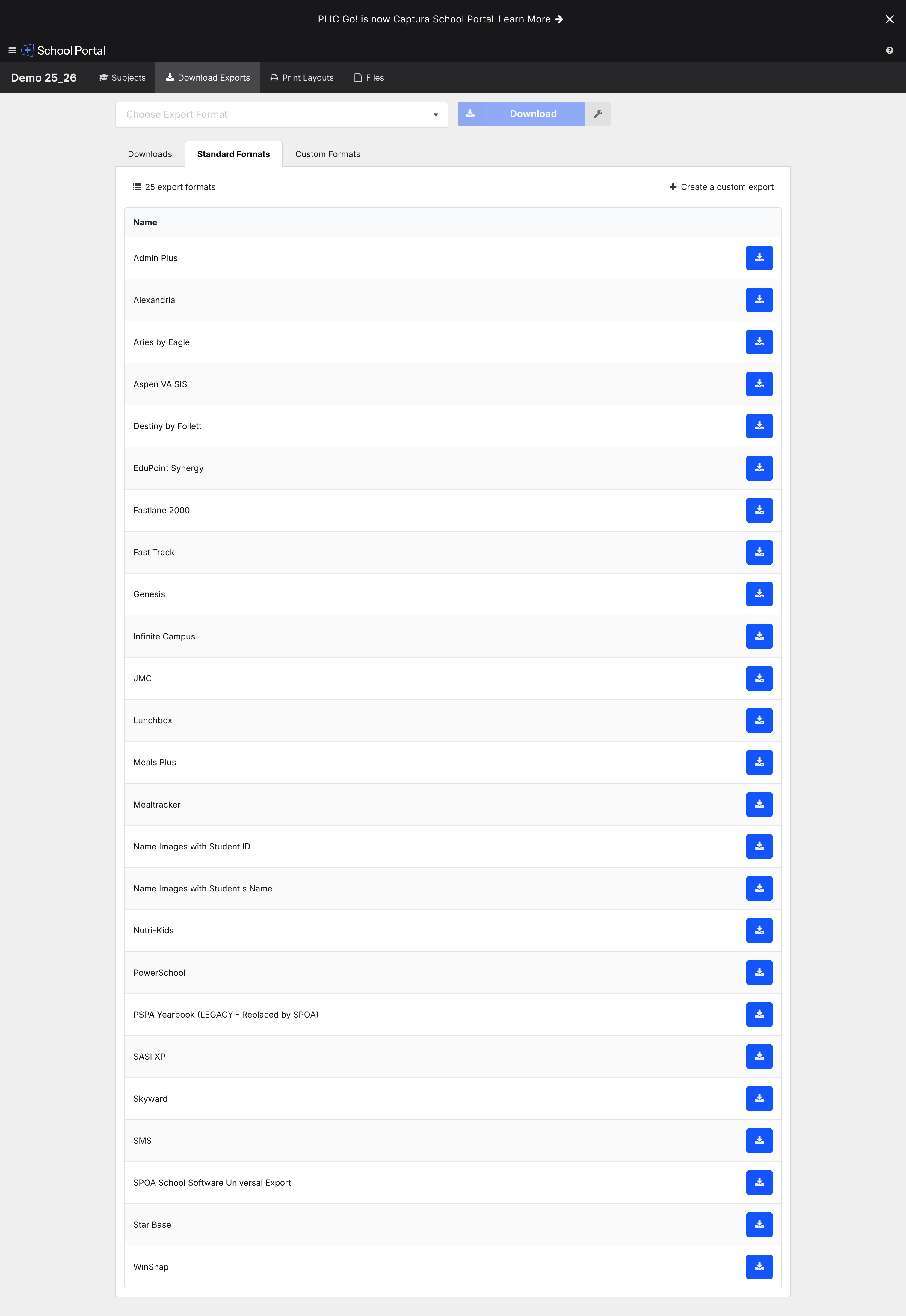 Download Exports history table showing PowerSchool, Genesis, Named Images by Name with Folder Sort entries.