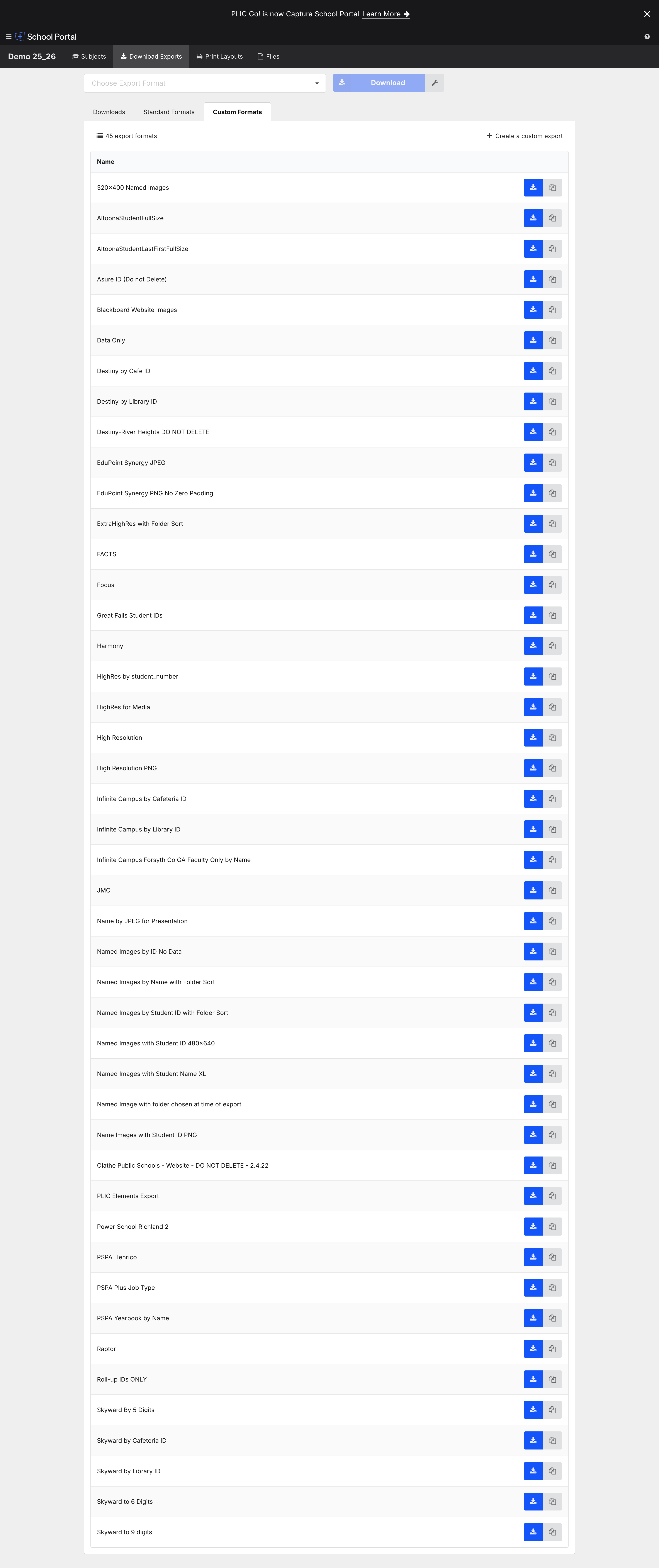 List of 25 standard export formats.