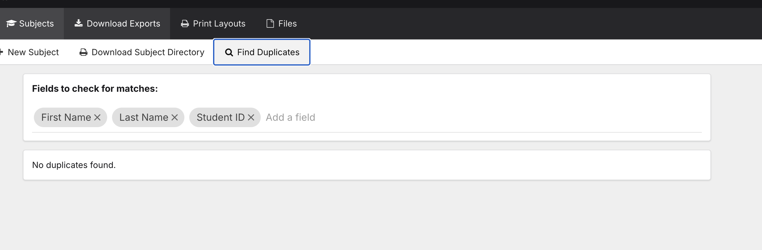 Close-up of find-duplicates field selector with three chips.