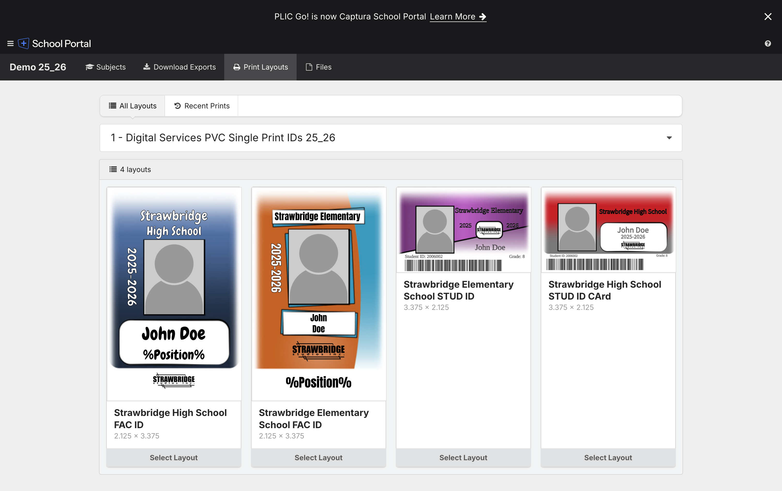 Layout gallery showing four ID-card layouts at 2.125 x 3.375 inches.