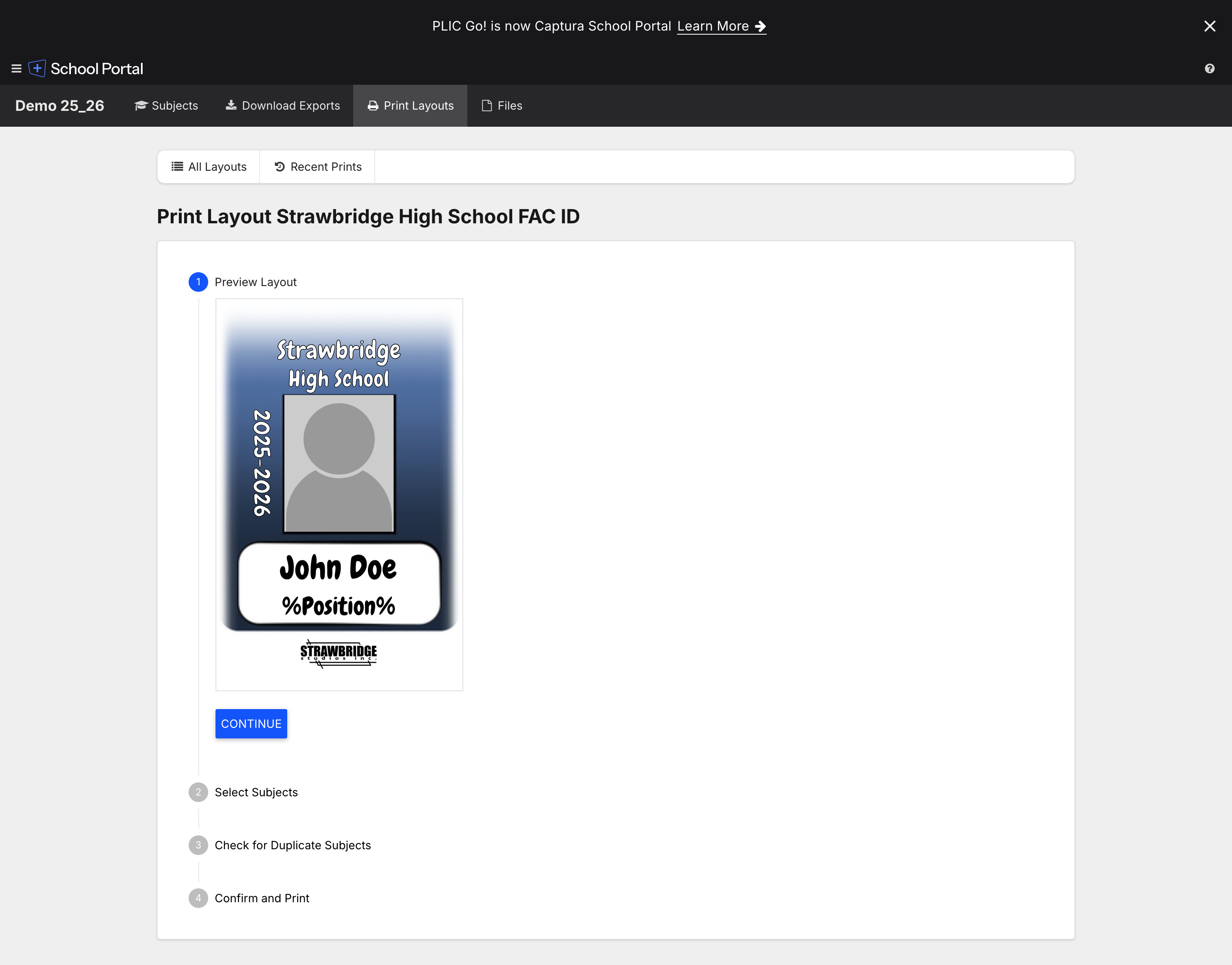 Print wizard step 1: Preview Layout with John Doe placeholder.