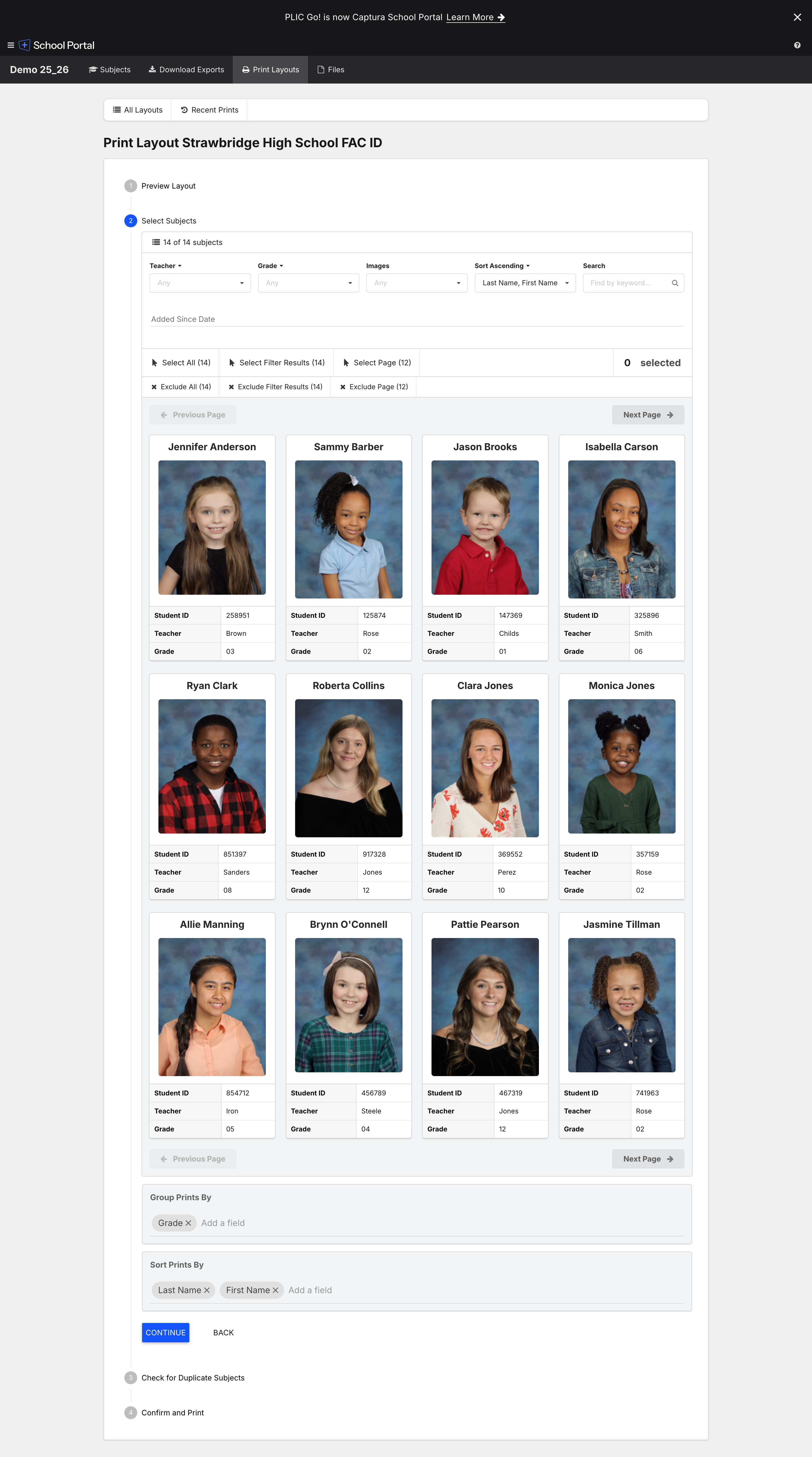 Print wizard step 2: Select Subjects with 0 selected.