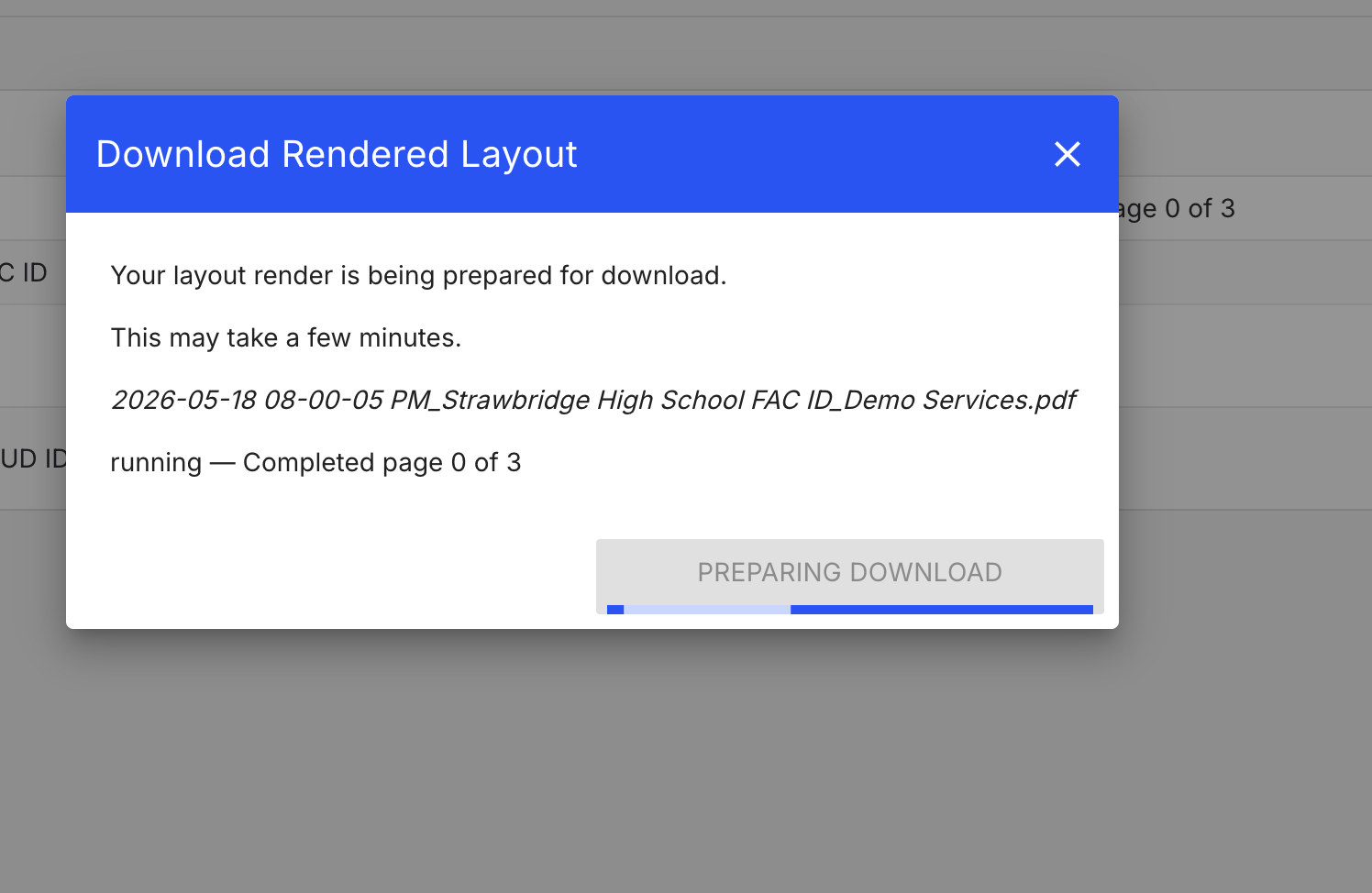 Download Rendered Layout modal showing a running render at Completed page 0 of 3.