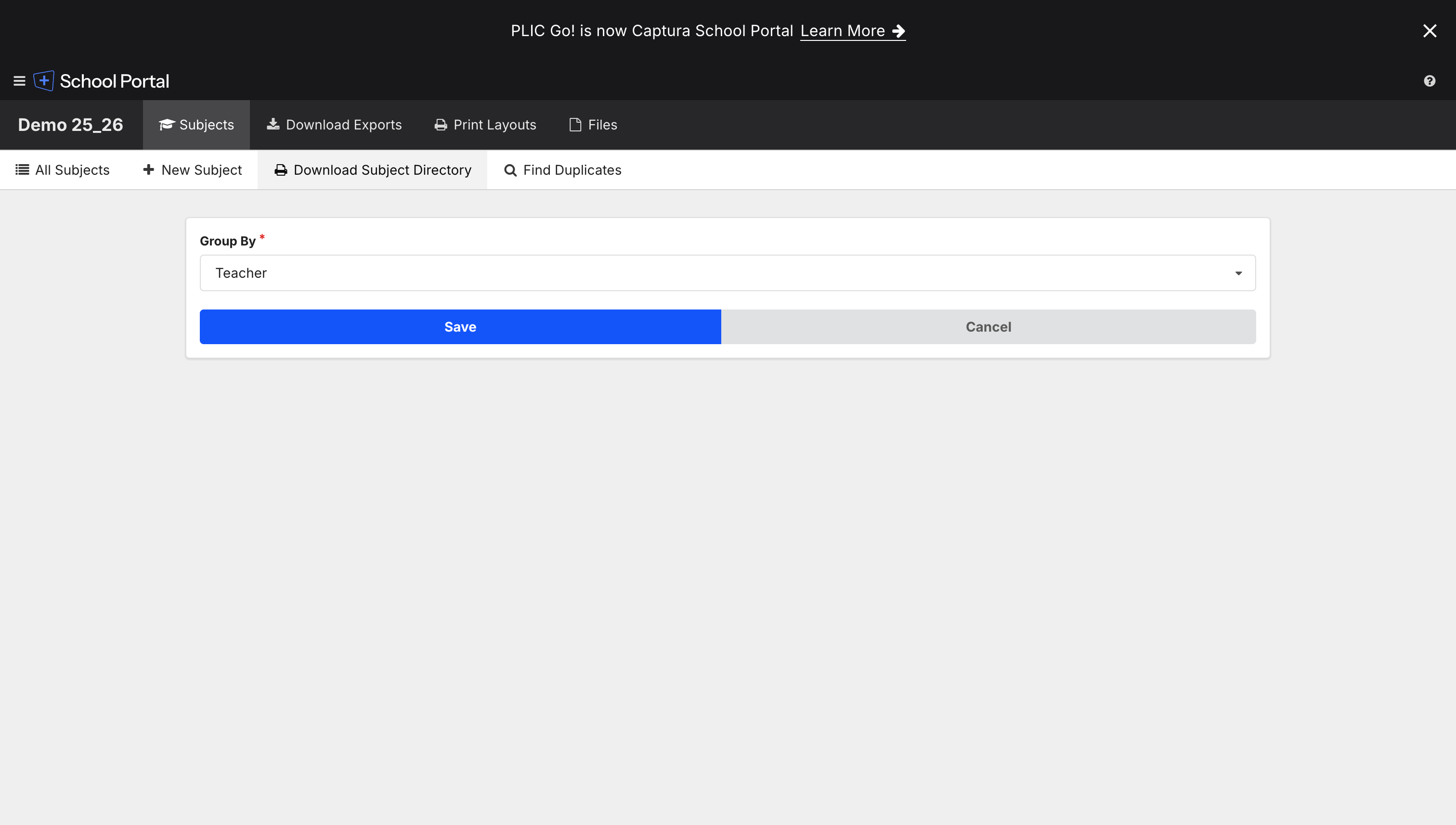 Subject Directory form expanded with Group By dropdown.