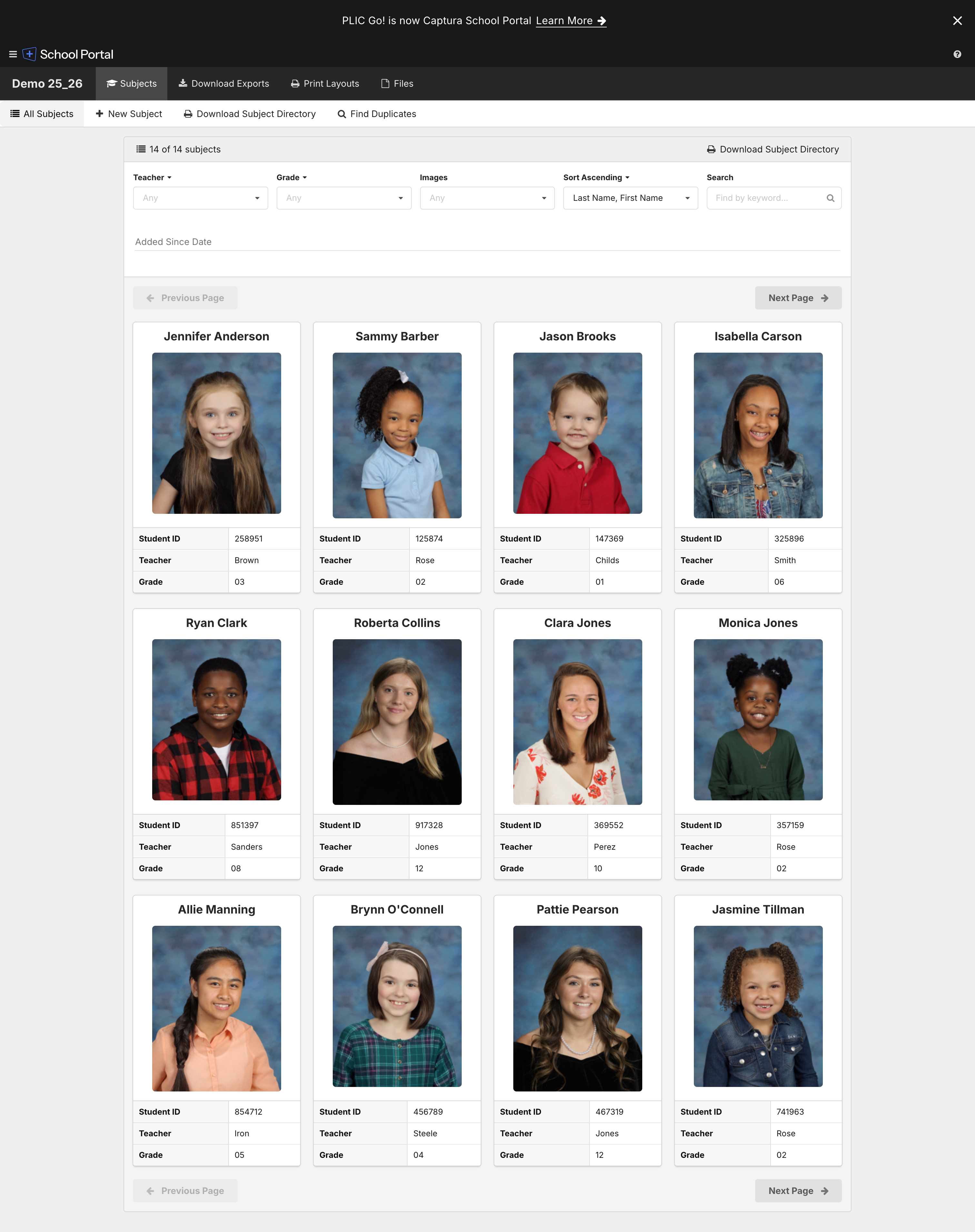 PlicGo all-subjects grid showing 14 subjects with portraits and three-row metadata.