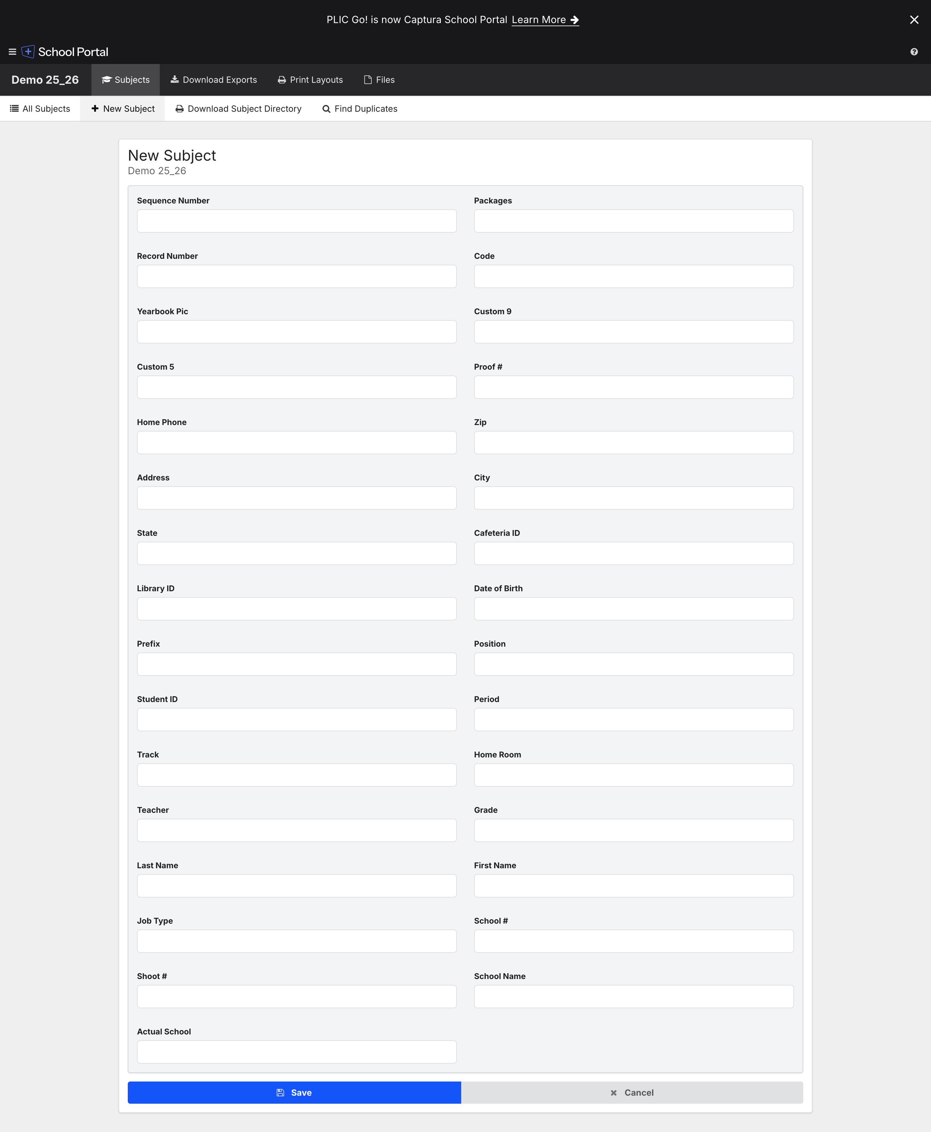 PlicGo new subject form showing approximately 30 fields in a two-column layout.